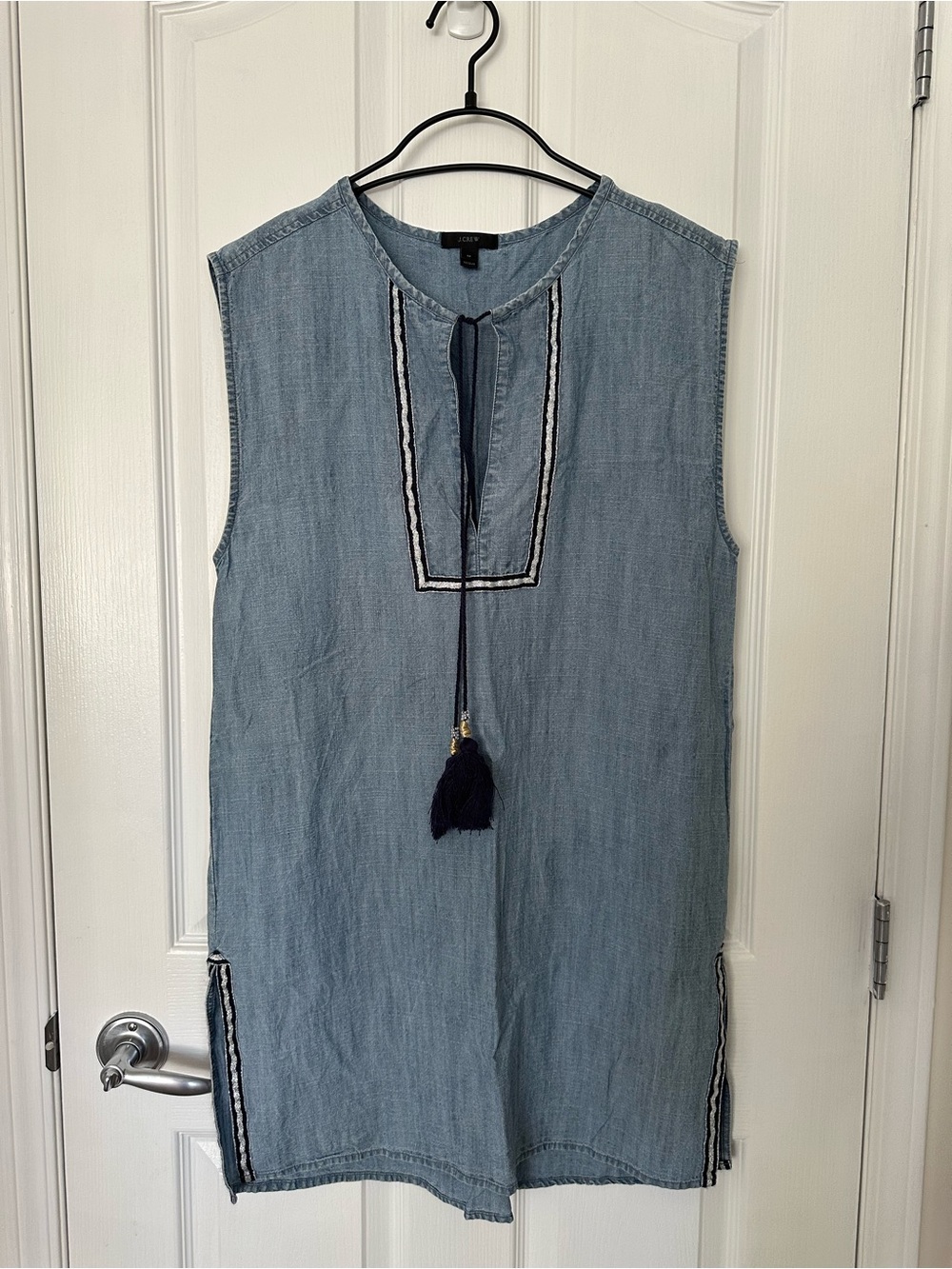 J. Crew Chambray Sleeveless Tunic with Navy Tassel and Silver Trim Details